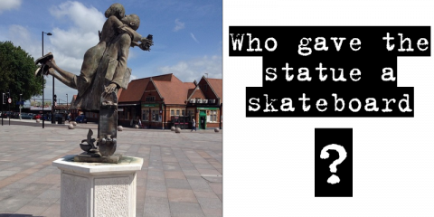 Who gave the statue a skateboard?